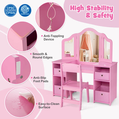 Infans Kids Vanity Table & Chair Set 2-in-1 Princess Pretend Play Makeup Vanity Set