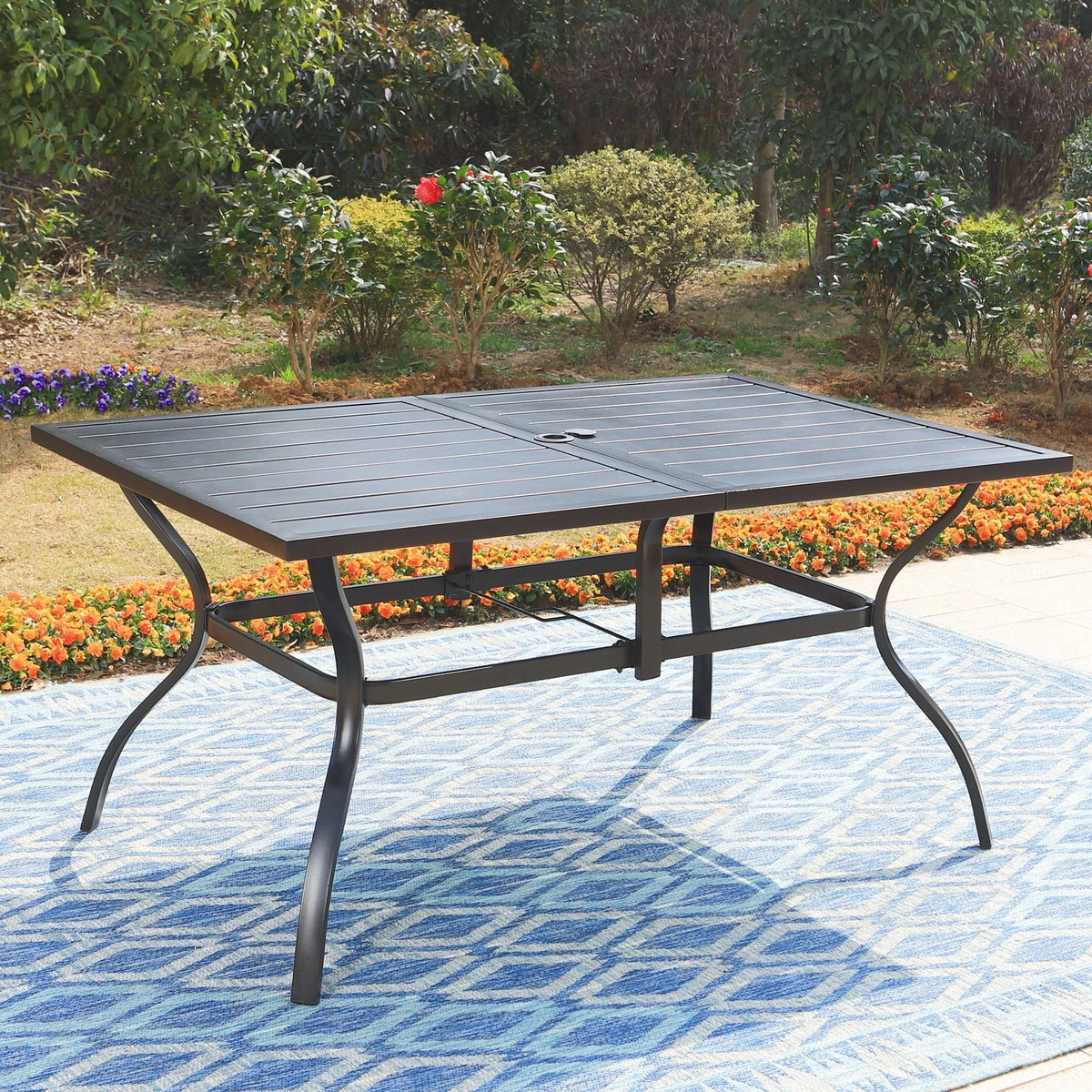 MF Studio 60" x 38" Rectangle Outdoor Dining Table with Umbrella Hole, Suitable for 6-Person, Black