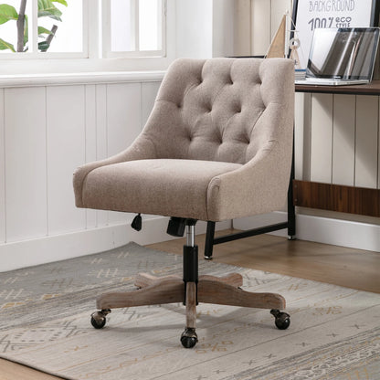 360 Degree Swivel Office Desk Chair, Upholstered Leisure Vanity Chair with Solid Wood Base and Wheels, Adjustable Height Computer Chair for Bedroom Living Room, Brown