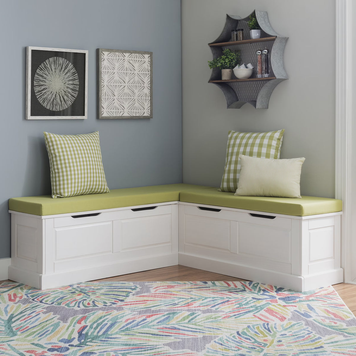 Linon Romero Backless Corner Nook with Storage, 5-Piece Cushion Set, Natural/White/Beige