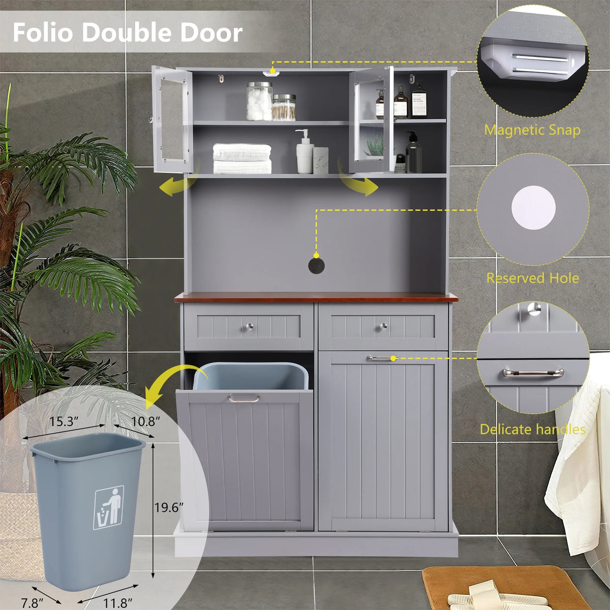 KIGOTY Dual Kitchen Trash Cabinet, Double Tilt Out Trash Can Cabinet with Countertop and Drawer, Free-Standing Pet Proof Recycling Cabinet Garbage Can Holder, Wood (White)