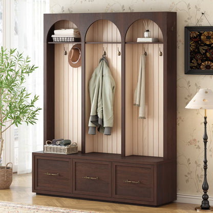 Euroco Farmhouse Wooden Style Hall Tree with Arched Design, Elegant 59" Wide Entryway Bench with 8 Retro Hooks, Rustic Coat Rack & Shoe Organizer with 3 Drawers for Mudroom, Living Room, Dark Walnut