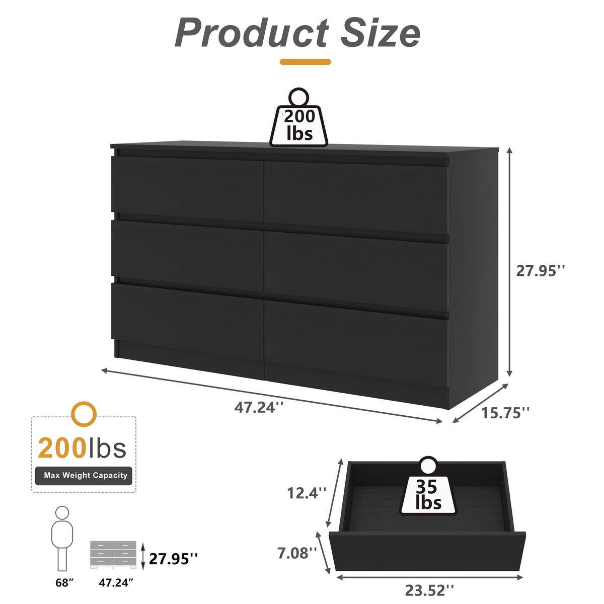 Kadyn White Chest of Drawer, 6 Double Drawer Dresser for Bedroom, Modern Storage Cabinet for Living Room, Dresser