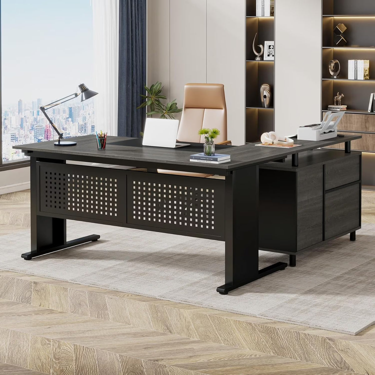 Tribesigns Executive Desk, Large Computer Desk with File Cabinet, Executive Office Desk with Storage Cabinet, Business Furniture Desk Workstation for Home Office