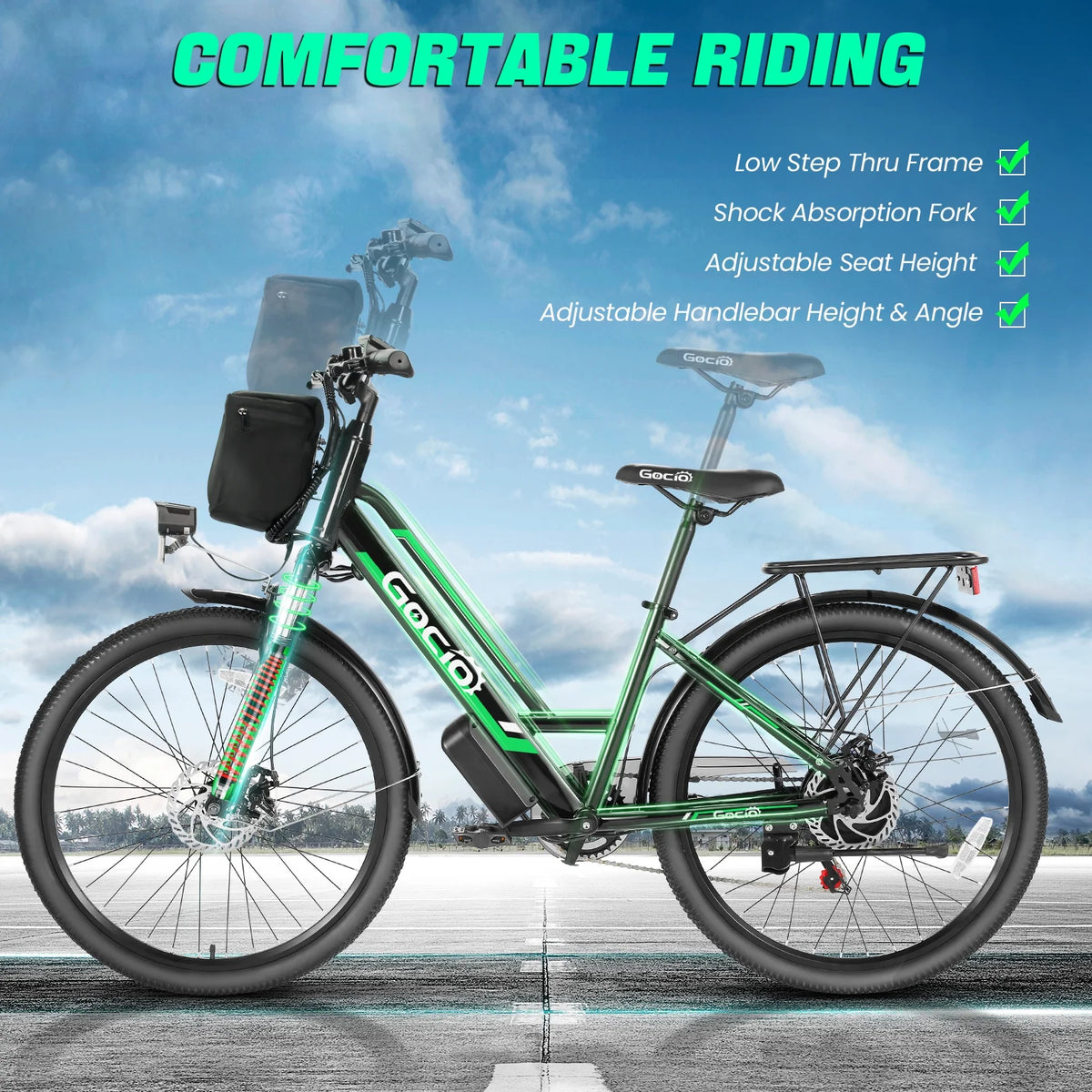 Gocio 26" Electric Bike for Adults, 500W Electric Cruiser Bike, 48V/7.8Ah Removable Battery, 7 Speed, City Commuting E-bike, UL2849