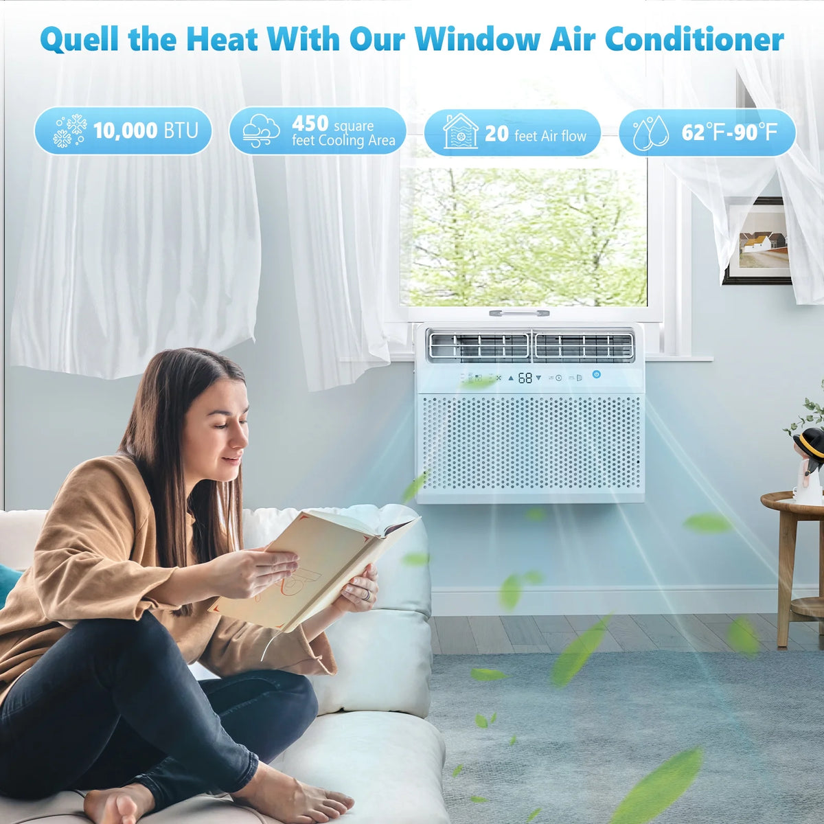 Crzoe Window Air Conditioner 10,000 BTU, Window AC Unit Cooling Room 450sq.ft, Dehumidifier Mode and 3 Fan Speed, 24H Timer, Saddle Mount, Quiet Operation, White