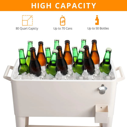 BNSPLY 80 Quart Outdoor Cooler Cart Rolling Ice Chest Cooler Cart, Portable Patio Cooler with Bottle Opener, Handles and Drainage, Standing Cooler for Patio Party, Camping and BBQ, Mint Green