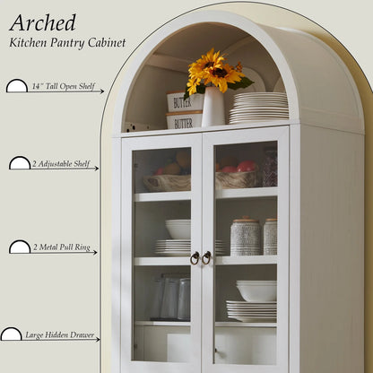 SinCiDo Arched Kitchen Pantry Storage Cabinet, 71-Inch Tall Wood Adjustable Shelves, 2 Doors, 2 Drawers