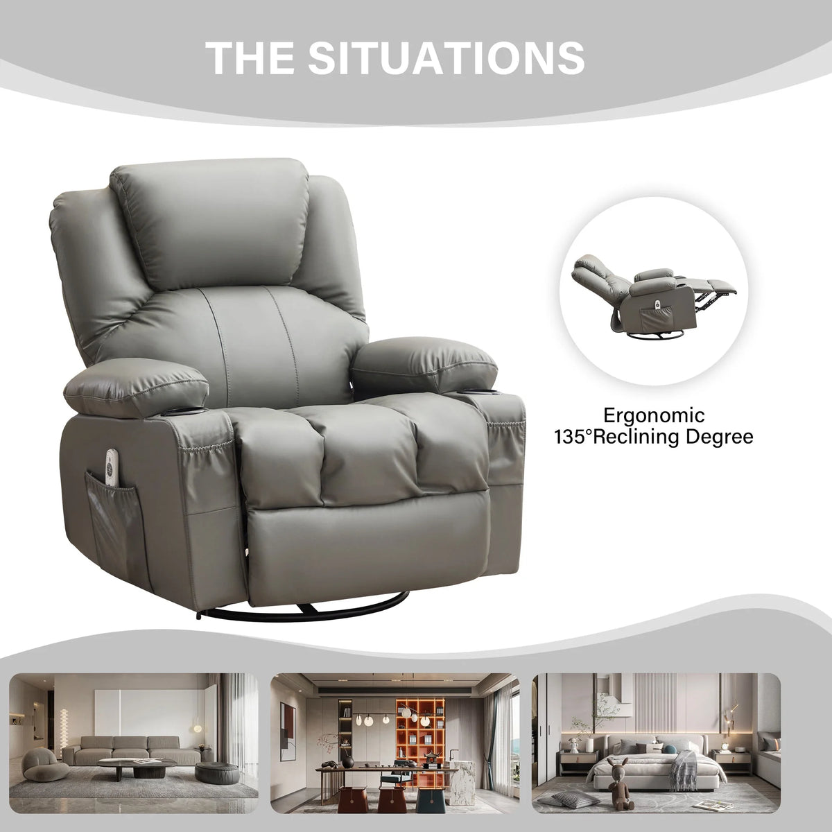 JONPONY Manual Recliner Chair with Heat Therapy and Massage Function, Heavy Duty Reclining Mechanism Massage Chair, Elderly Single Rocker Sofa with Cup Holders for Bedroom Home Theater,Black