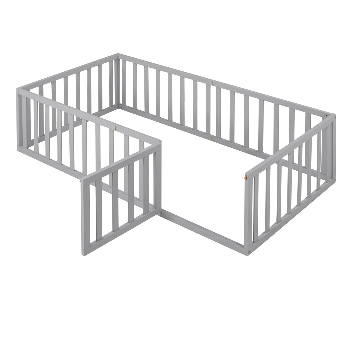 Wood Floor Bed with Fence and Door for Kids, Twin, Gray