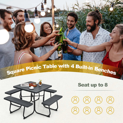 Costway Outdoor 8-person Square Picnic Table Bench Set with 4 Benches & Umbrella Hole White