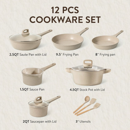Carote 13 Pcs Nonstick Cookware Sets, Non Stick Pots and Pans Set, Induction Cookware, Taupe