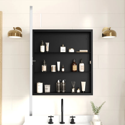 Merrick Lane 24" x 30" Reversible Bathroom Wall Medicine Cabinet with Rounded Rectangular Beveled Mirror and Black Metal Frame and Shelves