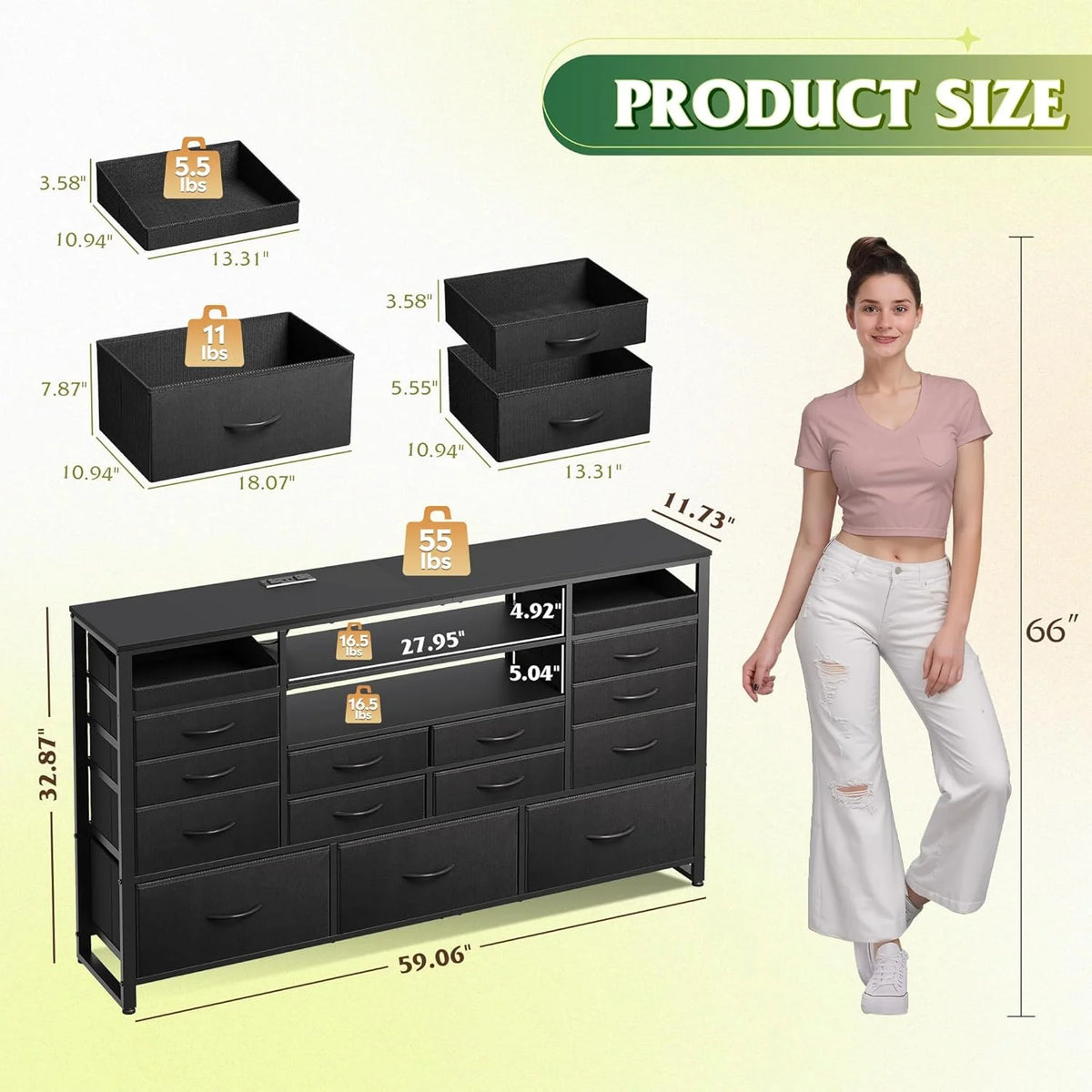 Black TV Stand for 55, 60, 65 inch TV, Entertainment Center with LED Lights & Charging Station, TV Media Console Table with 15 Fabric Drawers and Open Shelves for Living Room, Hallway, Wood Topm
