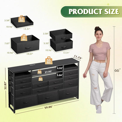 Black TV Stand for 55, 60, 65 inch TV, Entertainment Center with LED Lights & Charging Station, TV Media Console Table with 15 Fabric Drawers and Open Shelves for Living Room, Hallway, Wood Topm