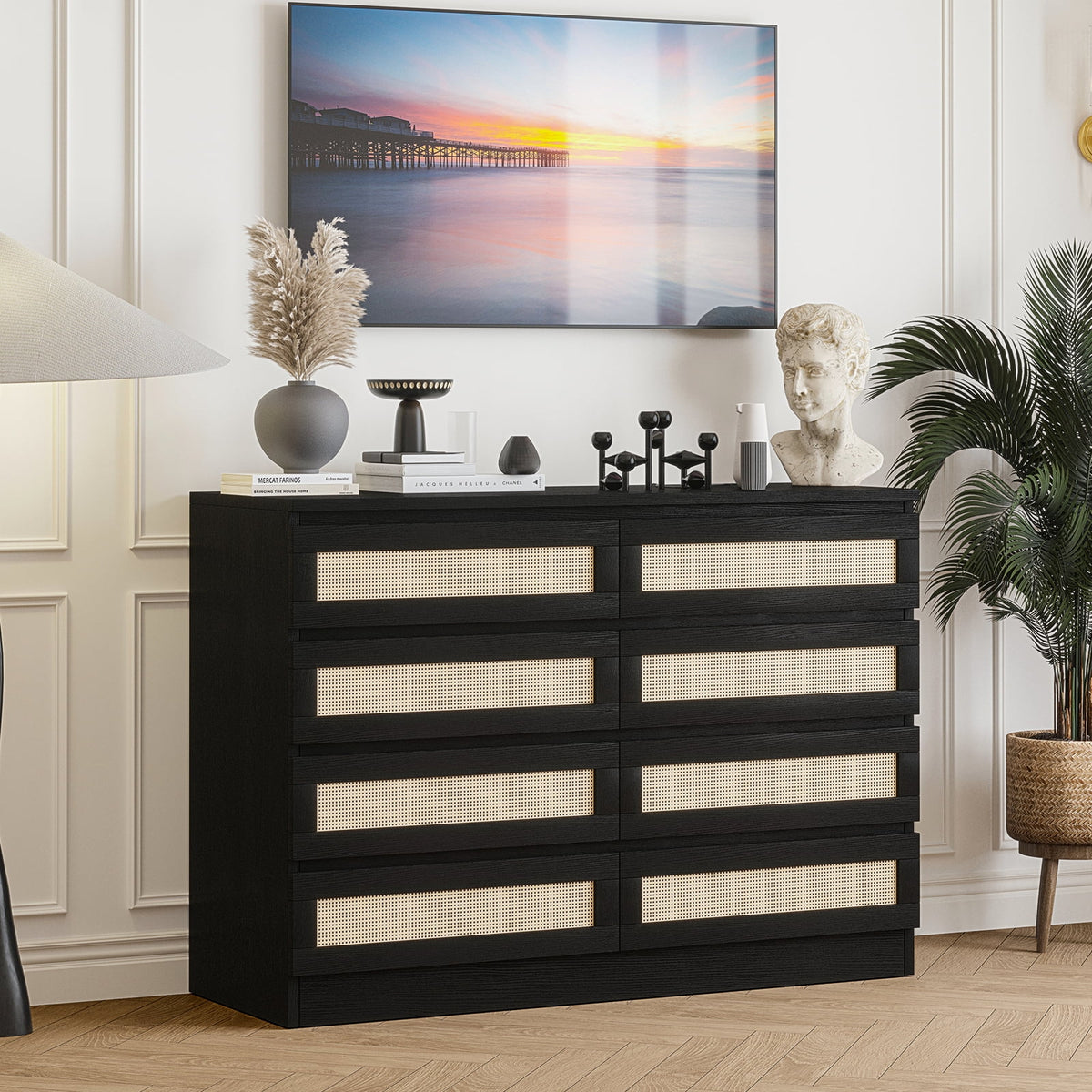 Jojoka 6-Drawers Rattan Dresser for Bedroom Chest of Drawers, TV Stand for 55" TV, Wood Top Storage Organizer Cabinet for Living Room, Entryway, Hallway, Natural