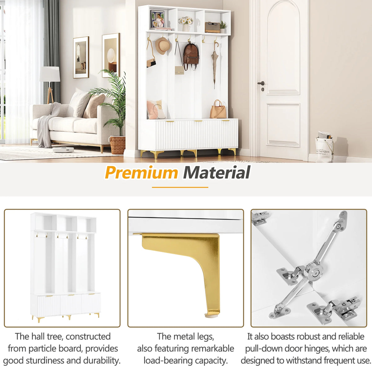 Euroco Modern Hall Tree with High Gloss Fluted Doors, Gold Accents, Shoe Storage & Bench a?? Entryway Organizer with Cubbies and Coat Hooks