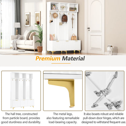 Euroco Modern Hall Tree with High Gloss Fluted Doors, Gold Accents, Shoe Storage & Bench a?? Entryway Organizer with Cubbies and Coat Hooks