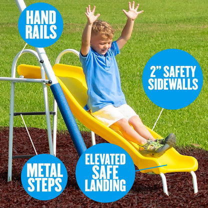 XDP Recreation Play All Day Metal Swing Set with Fun Glider. Bench Swing Seats. Trapeze. Wave Slide