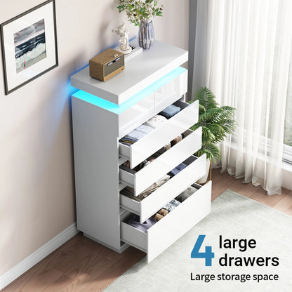 NEGYLIM 6 Drawer White Dresser, High Gloss Dresser with LED Light for Bedroom, Living Room, Hallway, Easy Assembly
