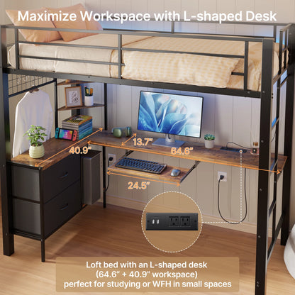 Lofka Twin Loft Bed with L-Shaped Desk, RGB Lights & Charging Station, 400lb Capacity Metal Frame, 3 Shelves & 2 Drawers, Easy Assembly��White