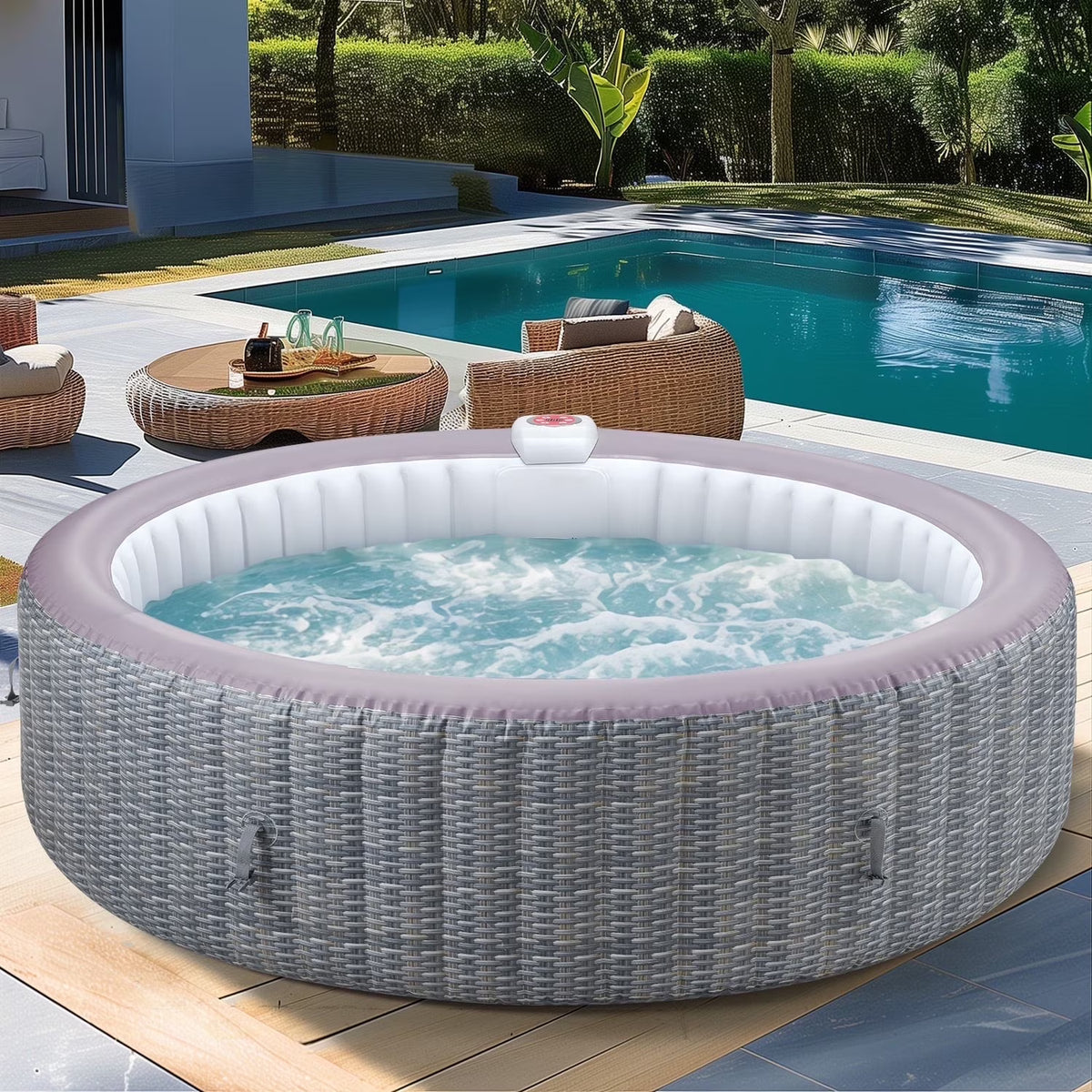 82'' Inflatable Hot Tub, Portable Hot Tub for Home Spa, Outdoor Round Hot Tub W/130pcs Jets, 6 Person Inflatable Pool with Heating, 4 Filters, 2 Cup Holders