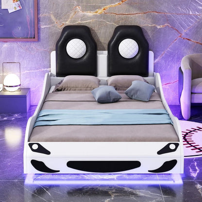 Bellemave Race Car Bed with LED Lights, Twin Size Bed Frame for Boys Kids Toddler Bed, Wooden Platform Racing Car Bed with Upholstered Backrest Headboard, No Box Spring Needed（White)