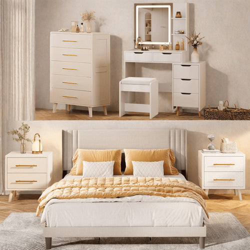 Bedroom Furniture Set - Includes Queen Bed Frame, Nightstands Set of 2, 5-Drawer Dresser & Vanity Desk - Modern Storage Solution for Stylish Home Decor, Beige/White