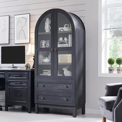 IFGET 71-Inch Arched 4-Tier Bookcase with Glass Doors and Drawers