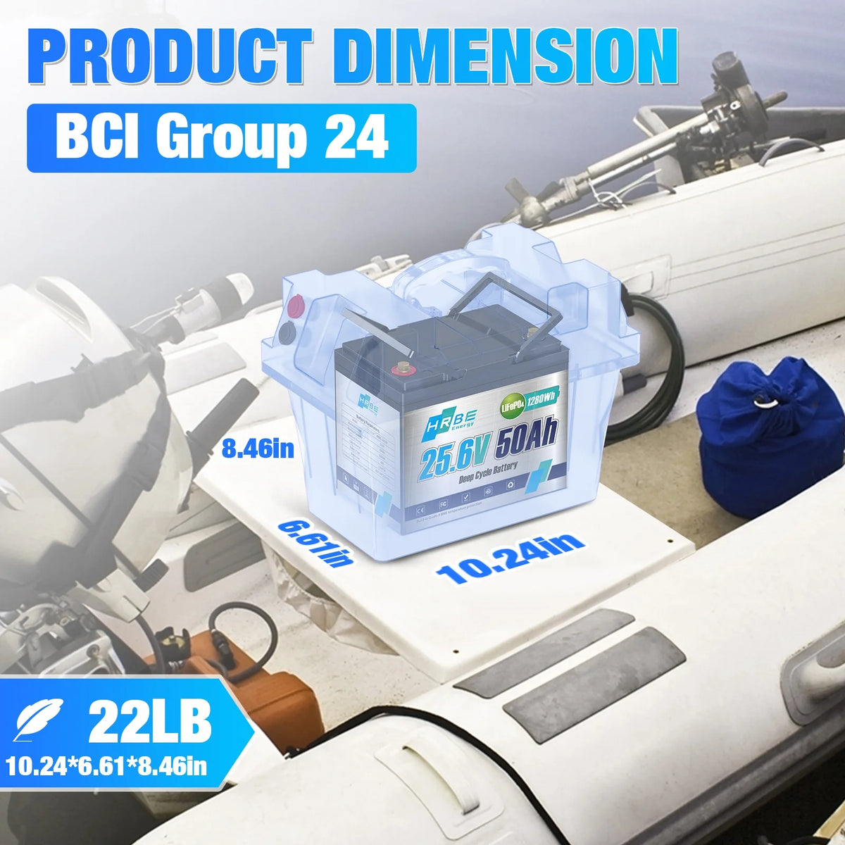 24V 50Ah Group 24 Mini LiFePO4 Lithium Battery,HRBEENERGY for RV,Marine,Boat,Solar,off-Grid,Camper,15000+ Deep Cycles,50A BMS