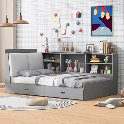 Euroco Wood Twin Size Platform Bed with Storage Headboard and Shelves, 2 Drawers Floor Bed for Kids, White
