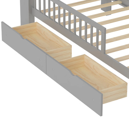 Euroco Wood Twin Size Platform Bed with Storage Headboard and Drawers, Low Profile Bed with Guardrails for Kids and Toddlers, White