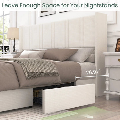LARMACE King Size Upholstered Bed Frame with 4 Storage Drawers and Vertical Channel Tufted Headboard Linen Platform Bed Frame Wingback Beds with Wooden Slats Support, Beige