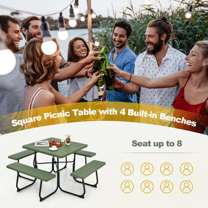 Costway Outdoor 8-person Square Picnic Table Bench Set with 4 Benches & Umbrella Hole White