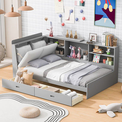 Euroco Wood Twin Size Platform Bed with Storage Headboard and Shelves, 2 Drawers Floor Bed for Kids, White