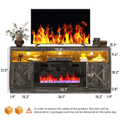 ChVans 70" Fireplace TV Stand for TVs up to 80" with 36" Electric Fireplace, Farmhouse Entertainment Center with LED, Wooden Media Console for Living Room, Bedroom