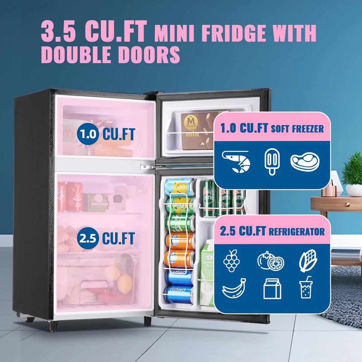 WANAI 3.5 Cubic feet Small Refrigerator with Freezer on Top Double Door Mini Fridge New White