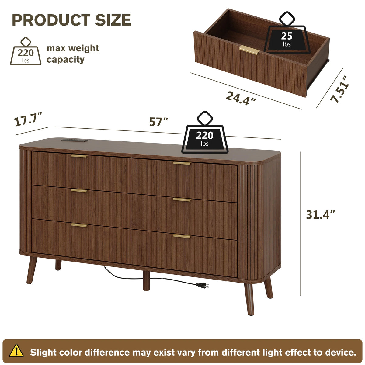 Mid-Century Modern Bedroom Dresser, 57" Wide Fluted 6 Drawer Dresser, Wood Dresser with Curved Profile Design for Closet, Bedroom Living Room, Hallway, Entryway, Home Office (Walnut, 6 Drawers)