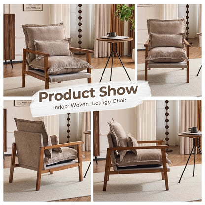 Ktaxon Chenille Accent Chair, Solid Wood Armrests Armchair, Metal Frame for Stability, Single Sofa with Comfortable Cushions and Lumbar Pillow Beige