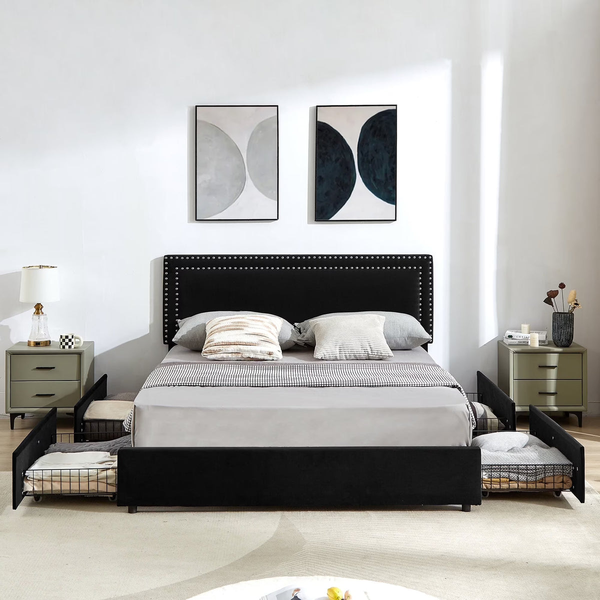 VECELO Full Bed Frame with 4 Storage Drawers (Wheeled) and Tufted Upholstered Adjustable Headboard Platform Bed, Beige