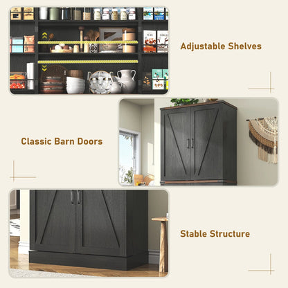 71" Tall Farmhouse Kitchen Pantry with 12 Side Shelves & Adjustable Shelves, 5 Layers Pantry Storage Cabinet w/Load-Bearing Steel Pipe & 4 Barn Doors for Kitchen, Dining Room, Living Room, Brown