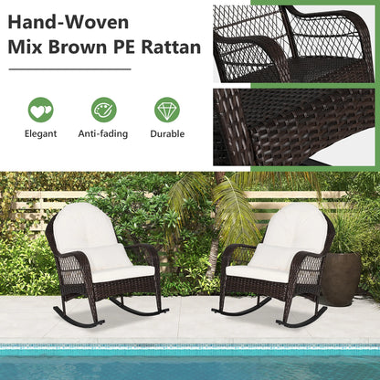 Costway Patio Wicker Rocking Chair W/Seat Back Cushions & Lumbar Pillow Porch Off White