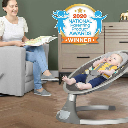 Dream On Me Zazu Baby Swing. Baby Swing for Infant. 5 - Swinging Speed. Two Attached Toys. Bluetooth Enabled and Remote Control. Grey and Blue