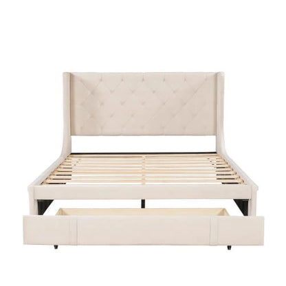Queen Bed Frame with Storage Drawer, Velvet Upholstered Storage Bed, Wood Platform Bed Frame with Wingback Headboard and a Big Drawer(Beige)