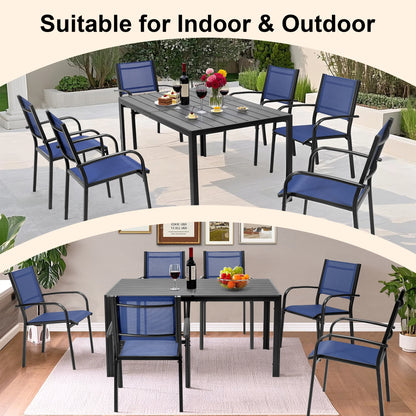 Seizeen 7-Piece Outdoor Table and Chairs, Patio Table Set with 6 Rattan Chairs, All-weather Outdoor Patio Dining Sets Rectangular Metal Table with Acacia Wood Top, Umbrella Hole, Gray