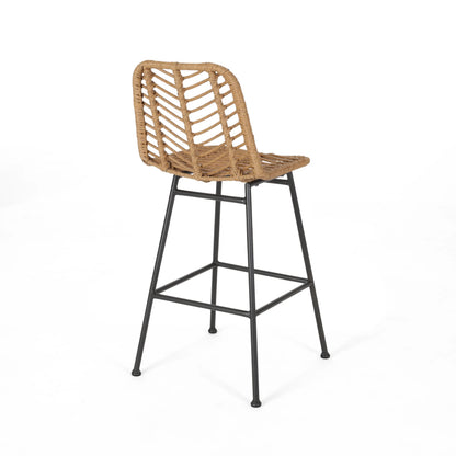 Dimitri Outdoor Wicker Barstools, Set of 2, Light Brown and Black