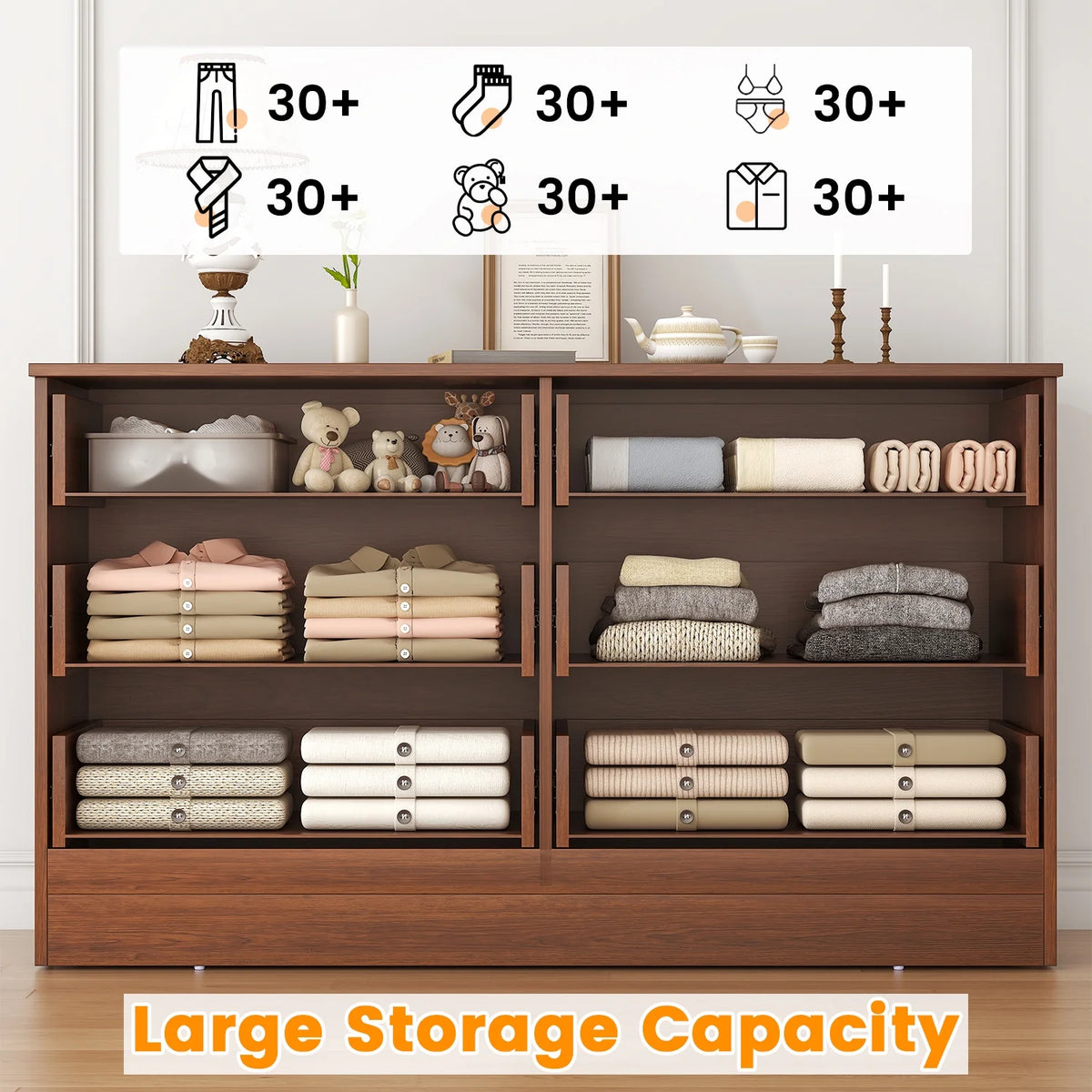 Winkalon 6 Drawer White Double Dresser, Wood Storage Cabinet with Easy Pull Out Handles for Living Room,Chest of Drawers for Bedroom