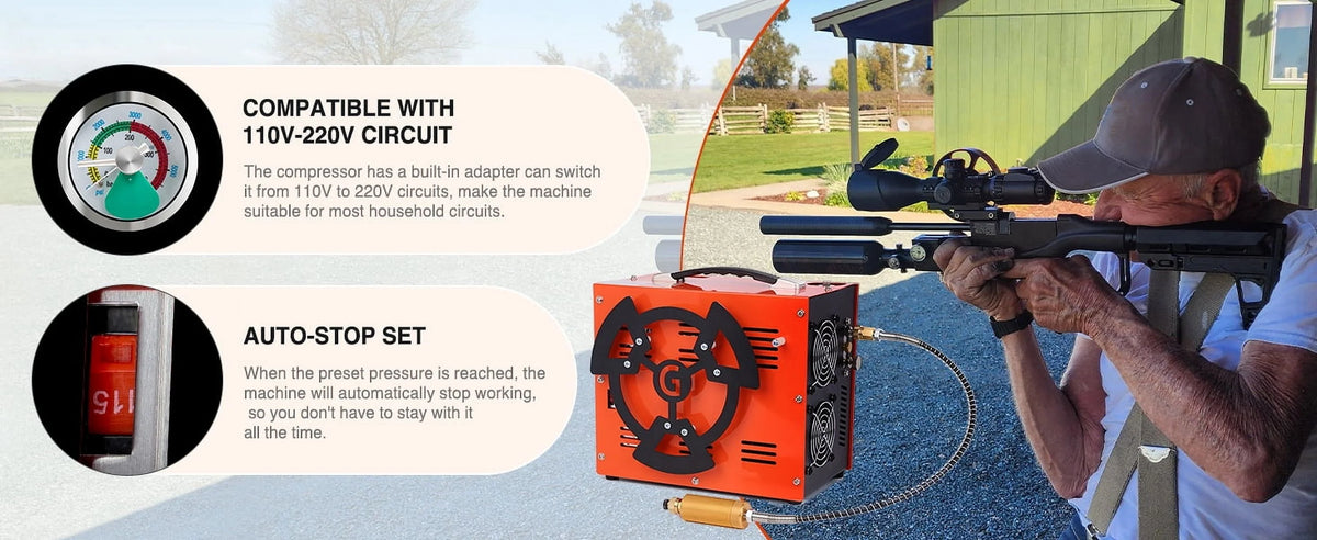 Greteefor PCP Air Compressor, Built-in 600W Adapter, 4500Psi/30Mpa, 350W Motor, 12V DC or 110V/220V AC Power, Auto Stop, Water/Oil free &Cooling Fan for Air Rifle, Paintball, HPA Tanks LightWeight