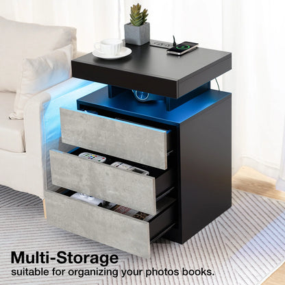 Hommpa LED Nightstand Wireless Charging Station USB Type C Outlets Bedside Table 3 Drawers Black Night Table Modern Smart Nightstand High Gloss End Side Table for Bedroom Furniture 26.8" Tall