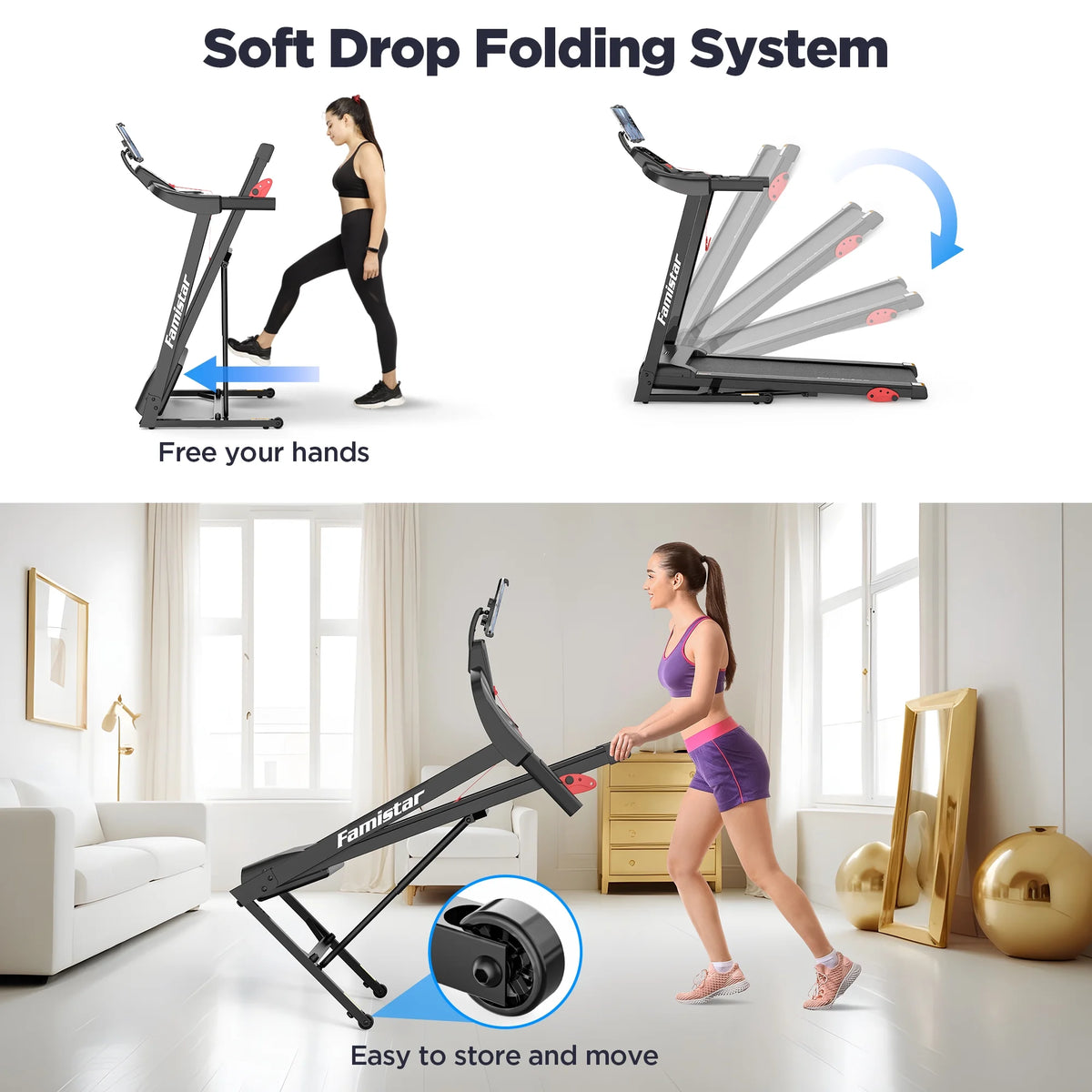 Treadmill 300 LB Capacity for Home with Incline, Folding Electric Running Walking Treadmill, Portable Treadmill for Home Use, 7.5 MPH, Smart Apps, 64+7 Programs, Bluetooth Speakers